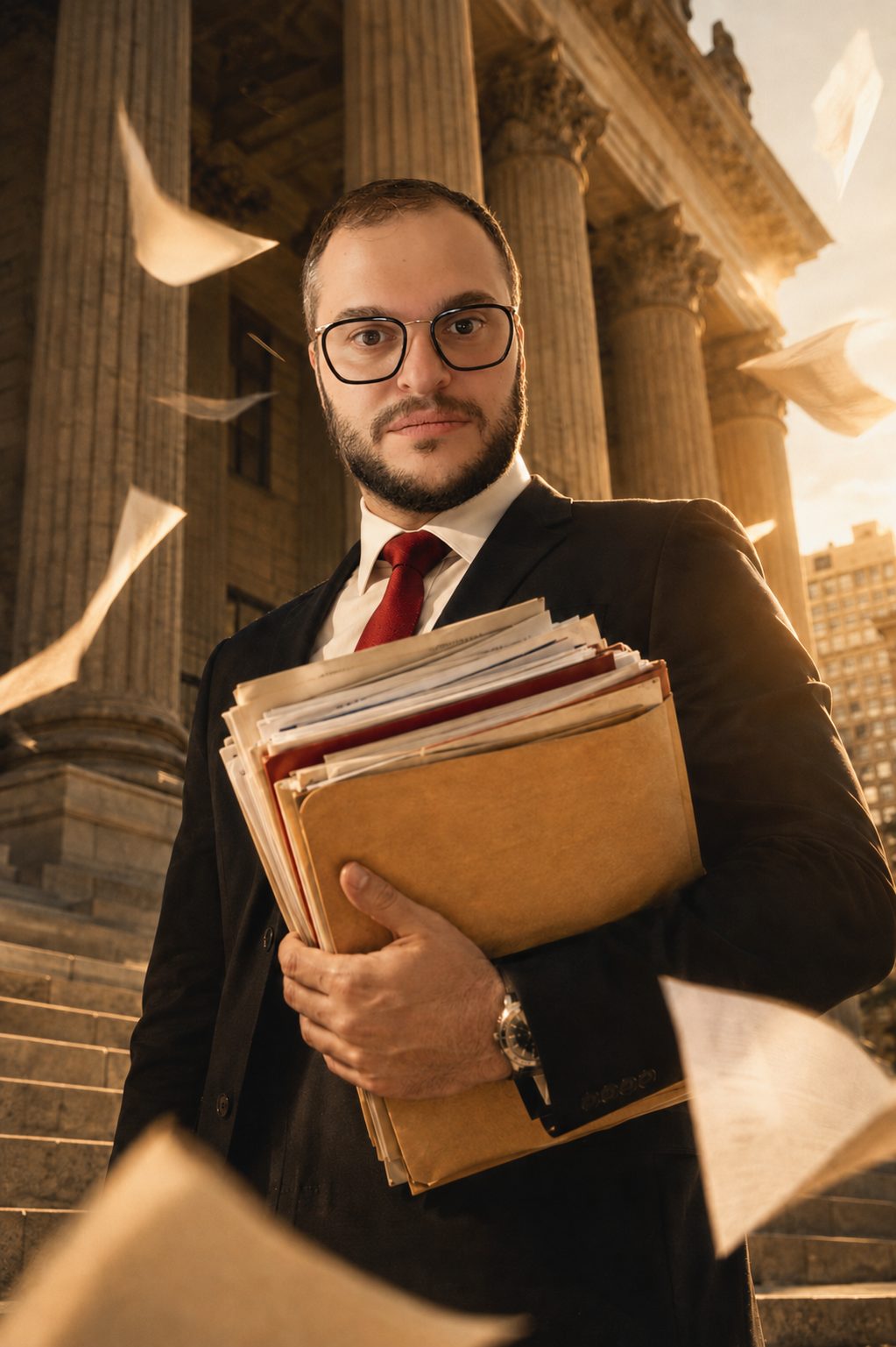 Mikhail Usher carrying legal files outside a courthouse