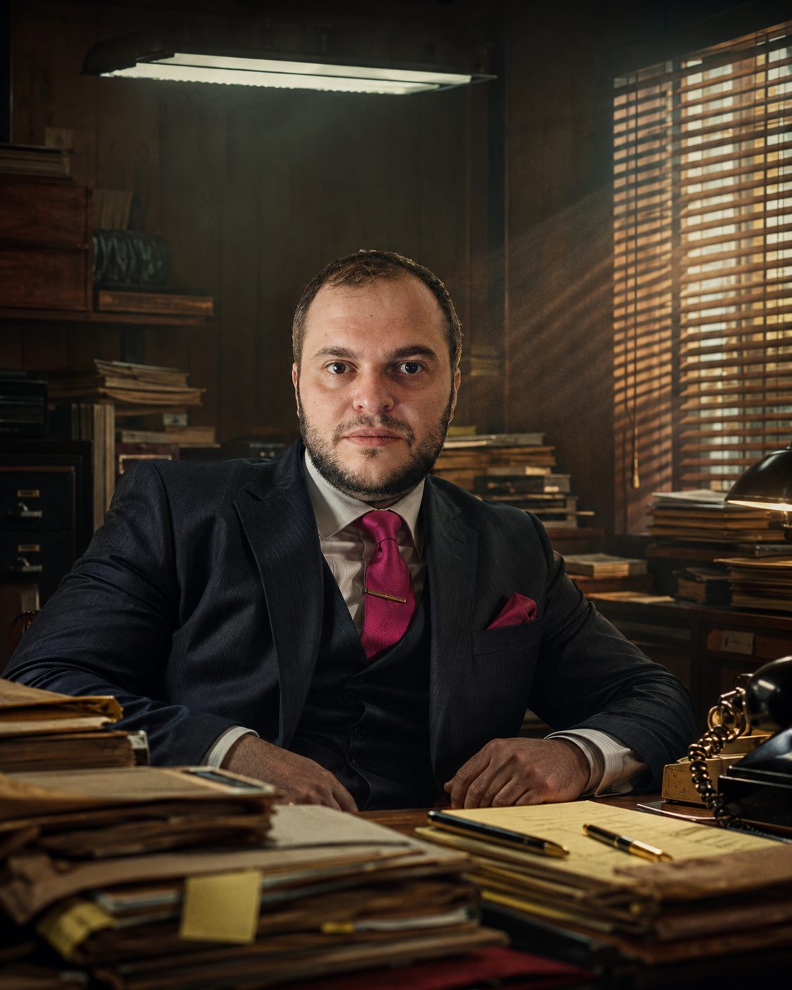 Mikhail Usher seated in a law office