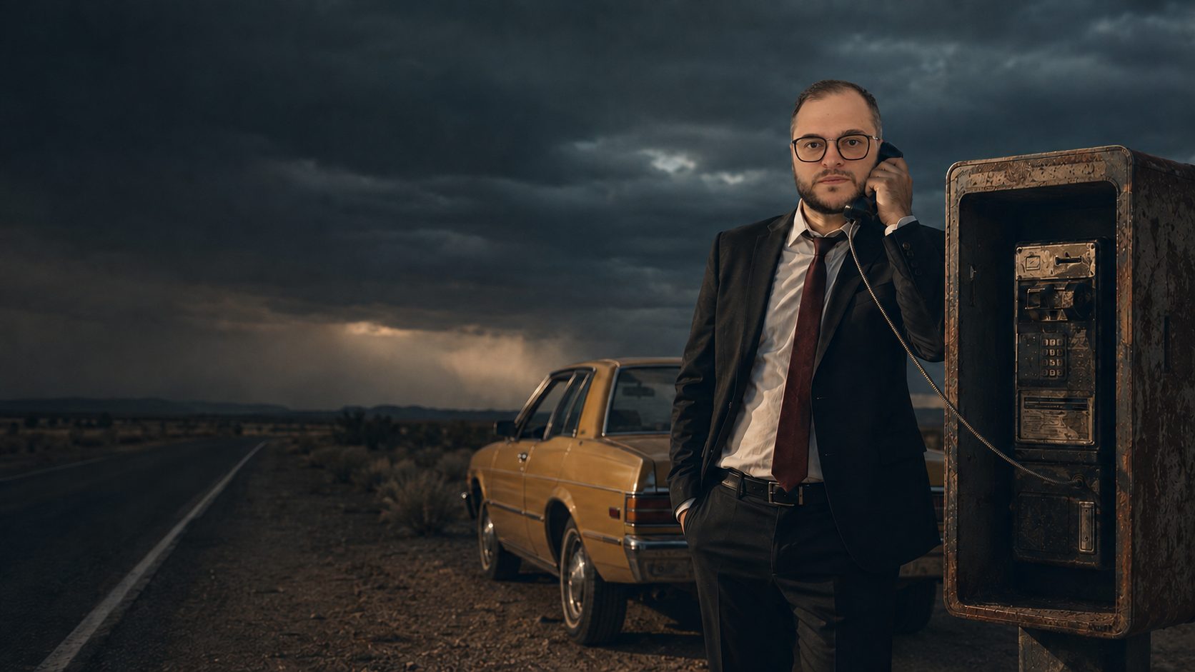 Mikhail Usher beside a roadside telephone and mustard sedan under a stormy sky