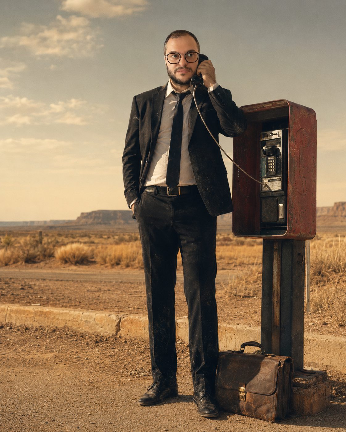 Mikhail Usher at a roadside telephone